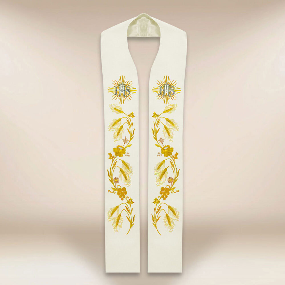 Étole brodée liturgique IHS écru