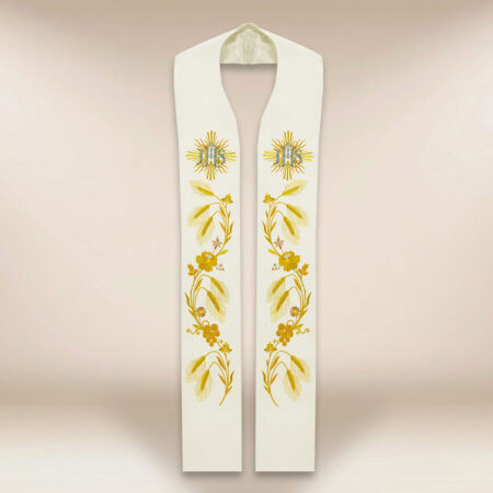 Étole brodée liturgique IHS écru