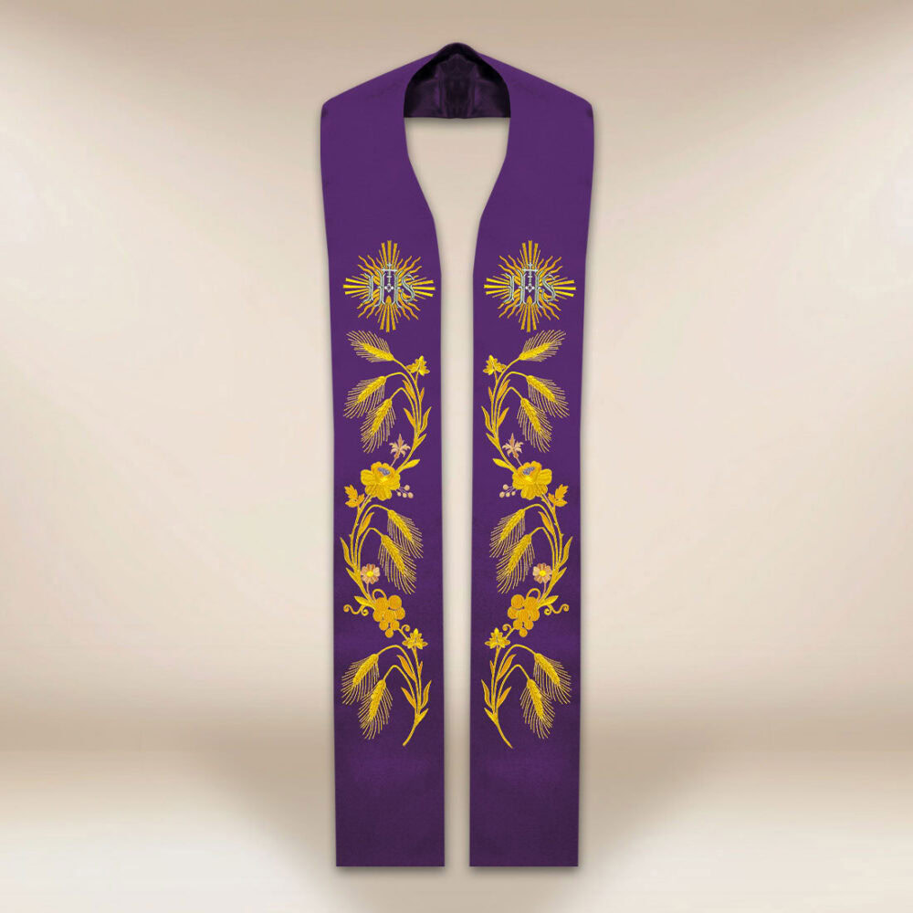 Étole brodée liturgique IHS violette