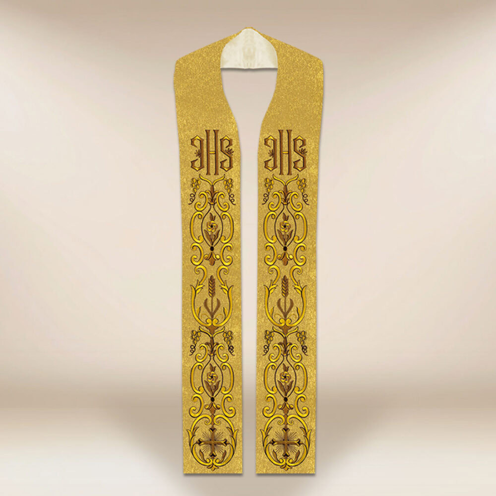 Étole liturgique brodée dorée IHS