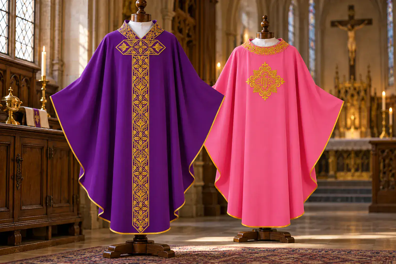 Chasuble violette et rose — vêtements liturgiques pour l’Avent et le dimanche de Gaudete